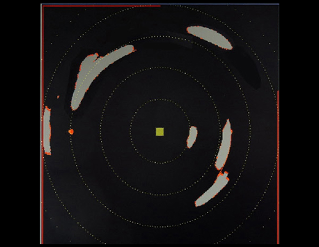 Sonar view of submerged icebergs surrounding vessel